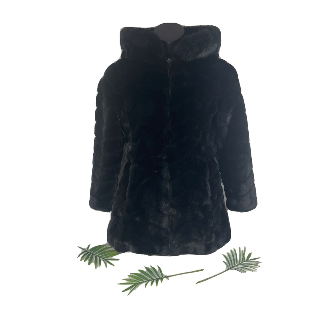 Liz Claiborne Womens Black Hooded Faux Fur Full Zip Jacket Coat Size Small Lined